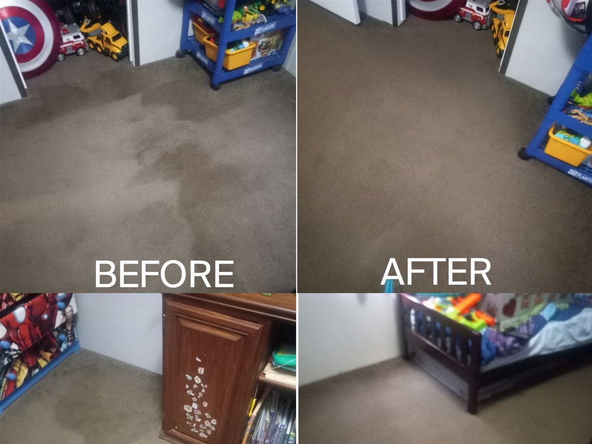 Before and after carpet cleaning photos from Brandi Robinson's Google review